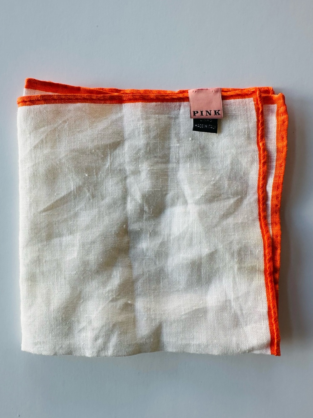 Thomas Pink Pocket Square 100% Linen White Orange Hand Rolled Border Italy